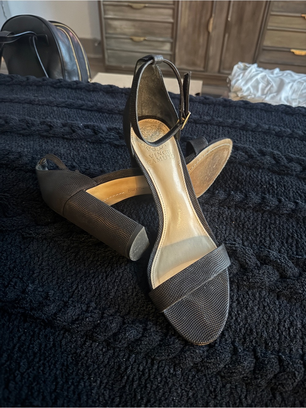 Vince Camuto Black Textured Block Heel Ankle-Strap Sandals
